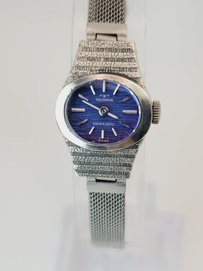 Vintage Technos Gem Lady Swiss Mechanical Watch Blue Dial Hand Wind 20mm